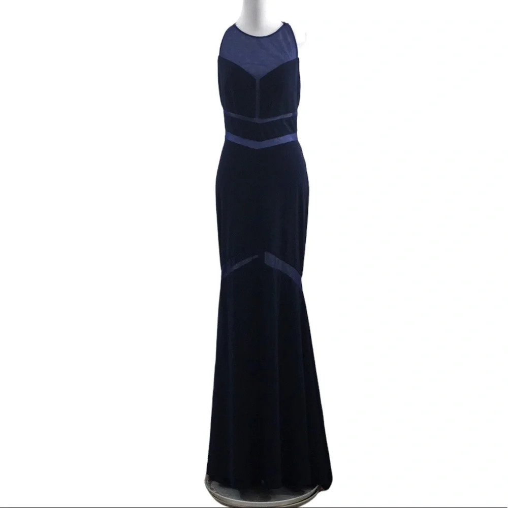 Clarisse Navy Sexy Mesh Illusion Panel Cutout Back Gown Womens 7/8 Sleeveless